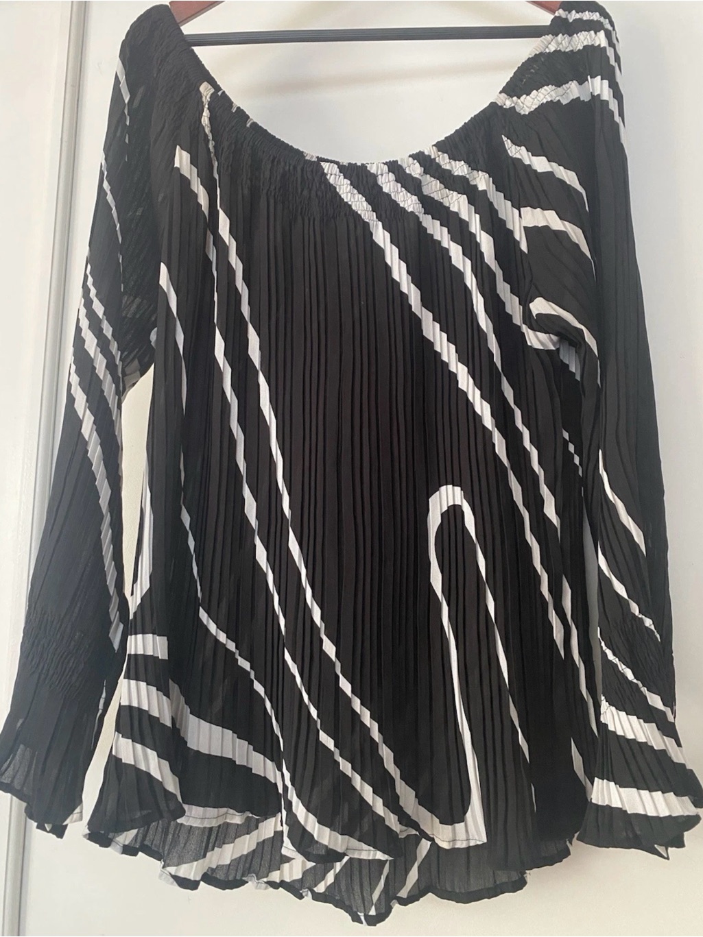 Black & White Pleated Off-Shoulder Blouse